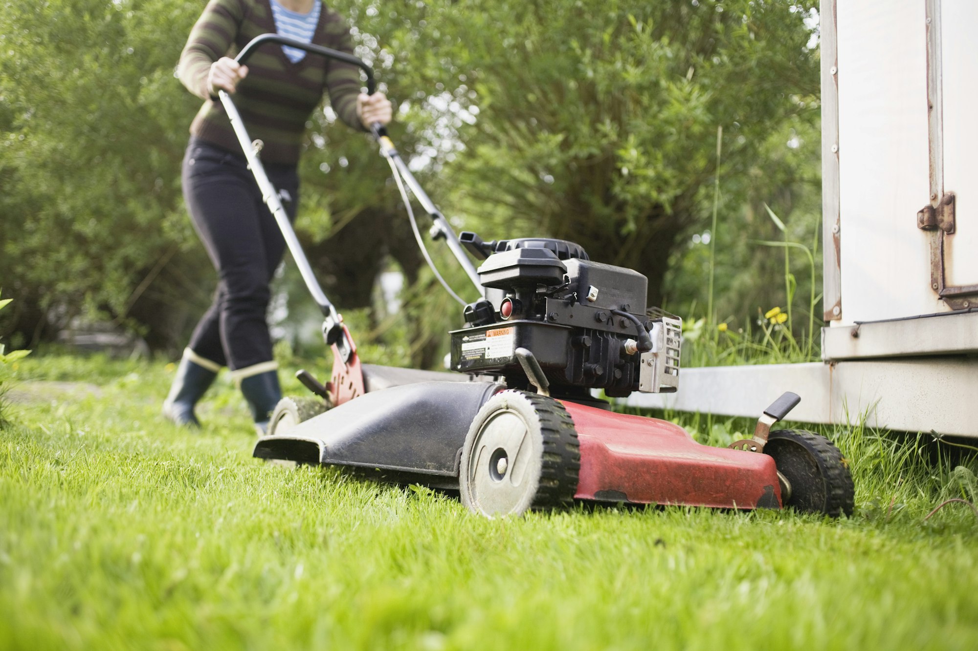Low section of woman mowing lawn